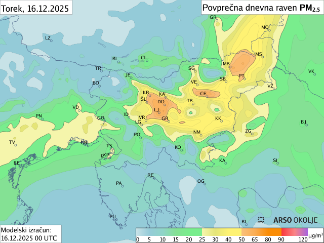 Napoved PM2,5 za danes